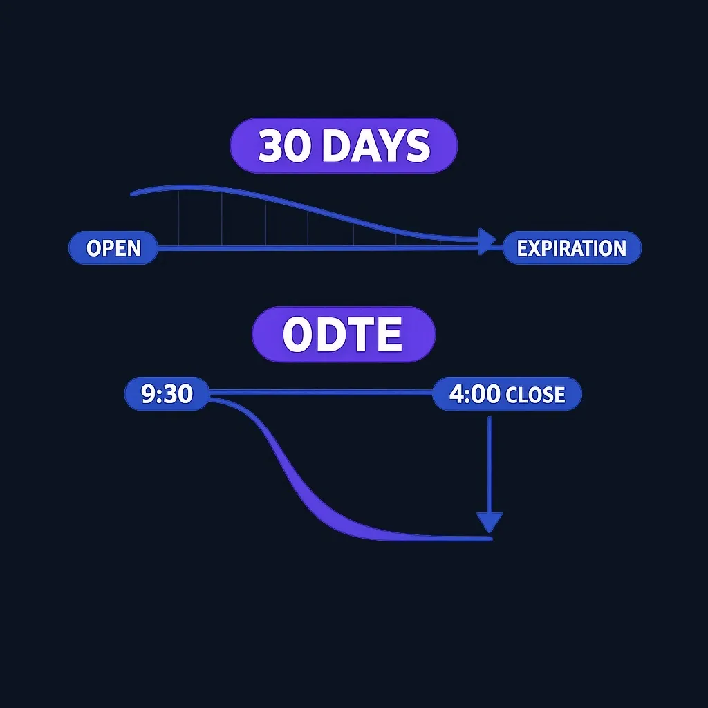 Timeline comparison showing 30-day option lifecycle versus 0DTE option compressed into one trading day