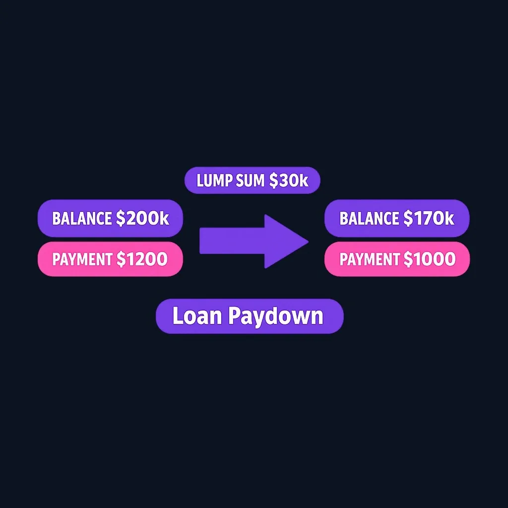 Diagram showing mortgage recast process: lump sum payment reduces balance, leading to recalculated lower monthly payment