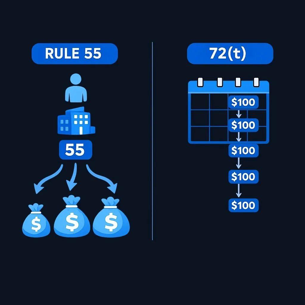 Diagram comparing Rule of 55 flexibility versus Rule 72(t) payment rigidity