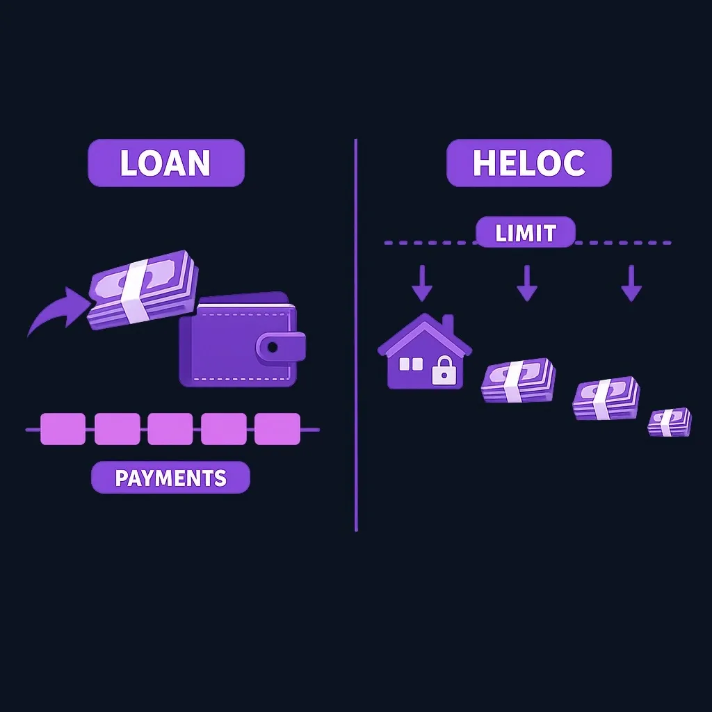 Side-by-side diagram of a personal loan lump sum versus HELOC draws secured by a house