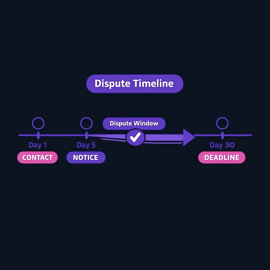 Timeline diagram showing debt collector first contact, 5-day notice requirement, and 30-day validation period