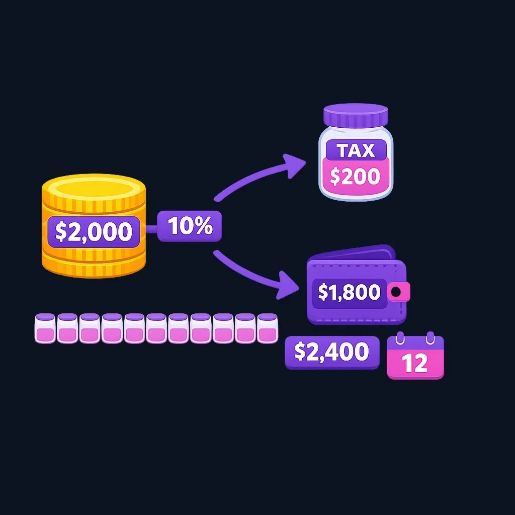 Schema of a $2,000 monthly benefit split into $200 withheld for tax and a $1,800 deposit, with $2,400 withheld per year