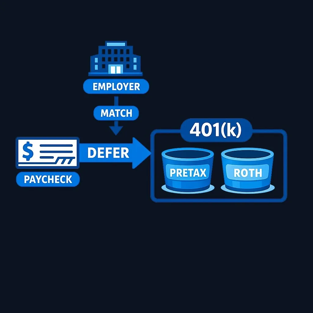 Diagram of a paycheck sending deferrals into a 401(k) with pretax and Roth buckets, plus an employer match arrow.