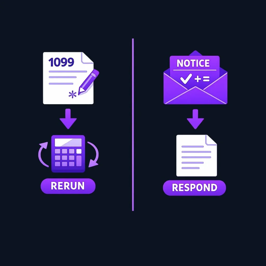 Side-by-side comparison of a corrected income form versus an IRS notice fixing a math error