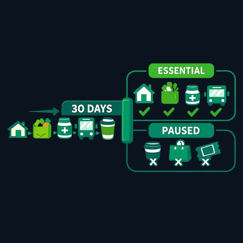 Diagram of a challenge time window where essential purchases pass through and discretionary purchases are blocked