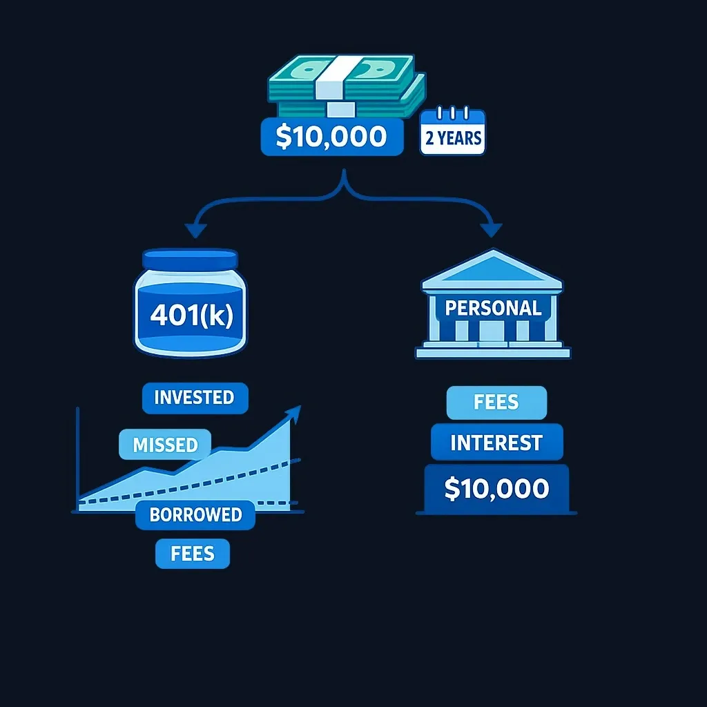 Diagram comparing the costs of borrowing $10,000 over two years via a 401(k) loan versus a personal loan.
