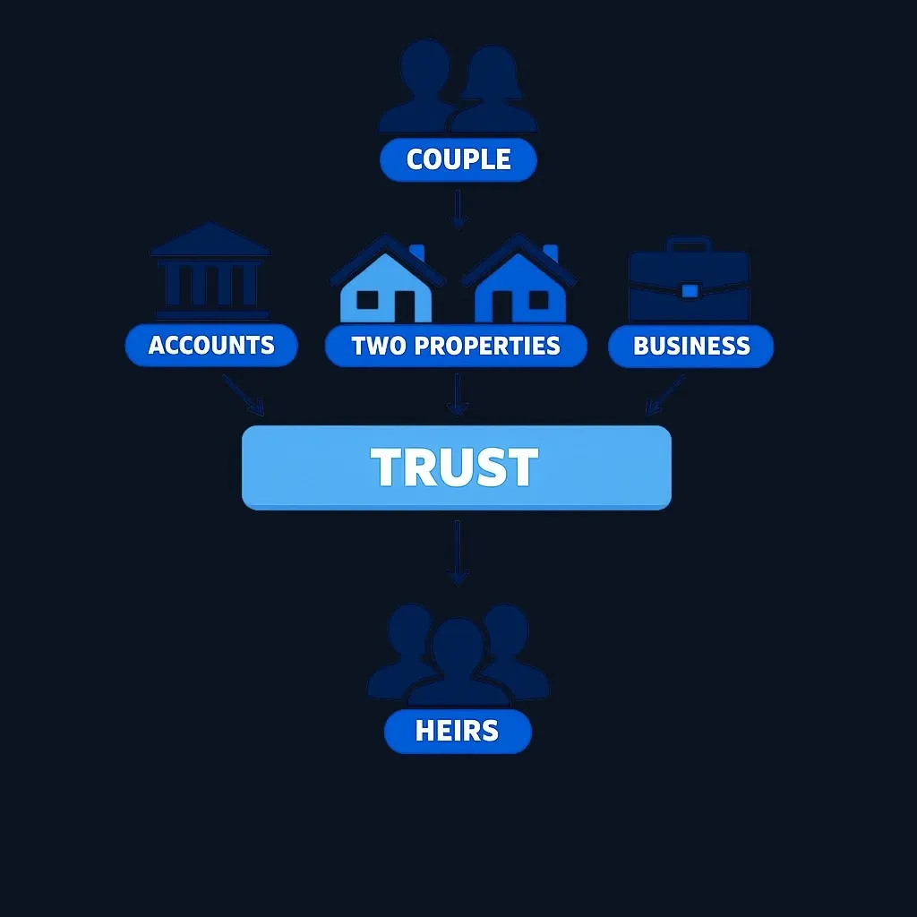 Schematic of couple's multiple assets consolidated into one living trust