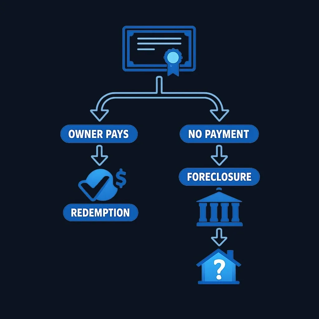 Flowchart showing post-purchase paths: owner redeems leading to payment received, or no redemption leading to foreclosure application with additional costs and uncertain title outcome