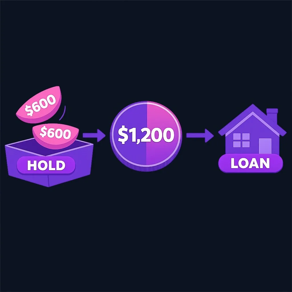 Two half-payments wait in a holding box and are applied to the loan only when they add up to a full payment