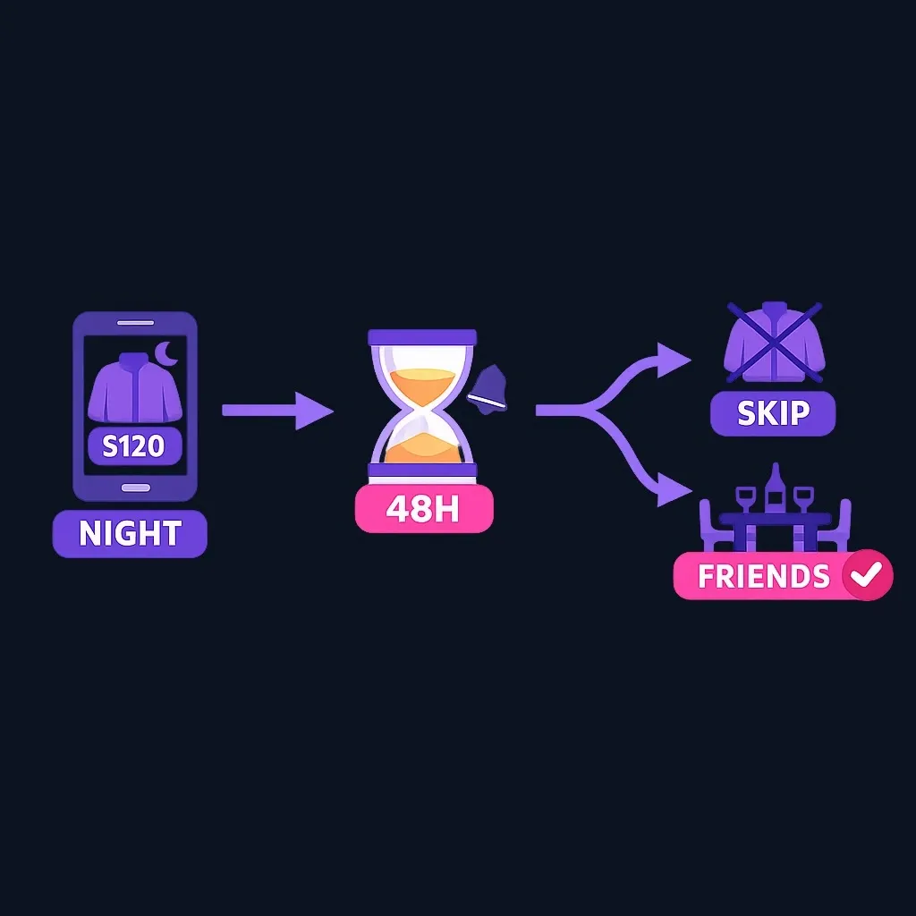 Timeline showing a $120 jacket, a 48-hour wait, and the money redirected to dinner with friends