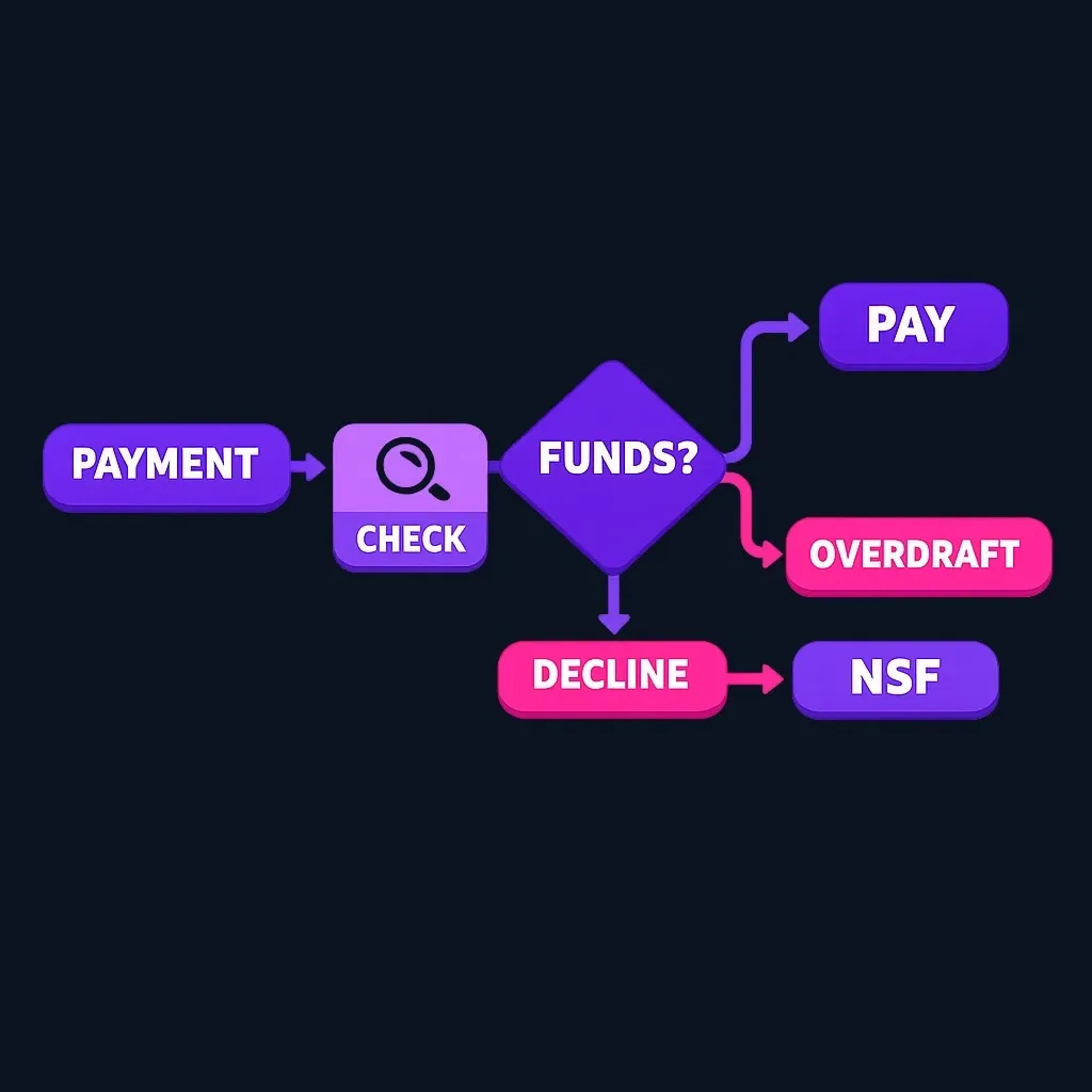 Flowchart showing a transaction, a balance check, and a split into paid with overdraft or declined.