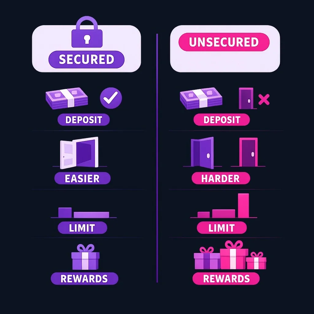 Side-by-side comparison of a secured card and an unsecured card by deposit, approval, limit and rewards