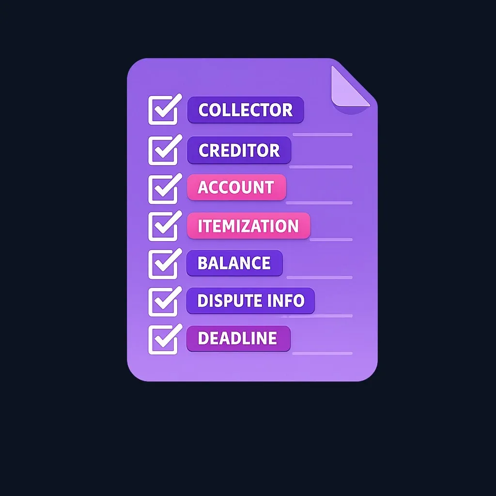 Checklist diagram showing required components of a debt validation notice