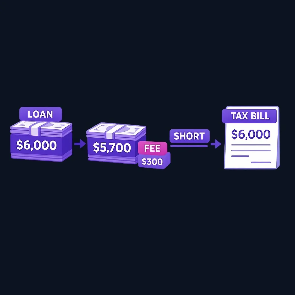Diagram of a $6,000 loan minus a fee leaving less cash than the $6,000 tax bill