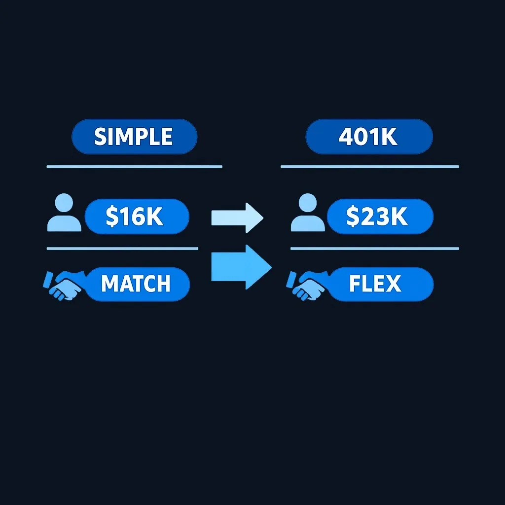 Side-by-side numeric comparison of contribution scenarios for SIMPLE IRA versus 401(k)