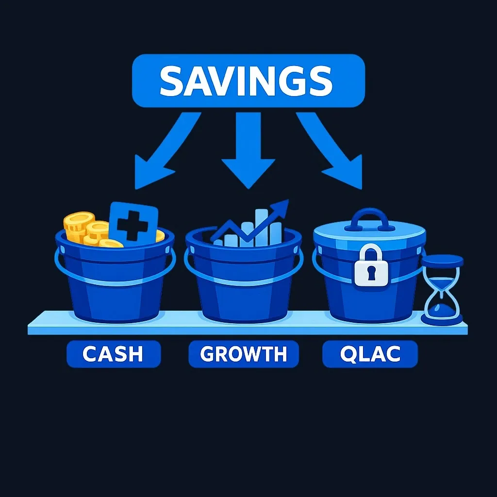 Three savings buckets labeled cash, growth, and QLAC, each with its own purpose