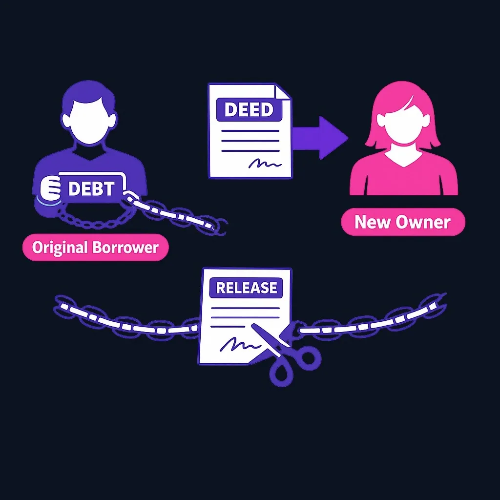 Diagram showing a deed passing to a new owner while the mortgage obligation stays linked to the original borrower until a release is signed