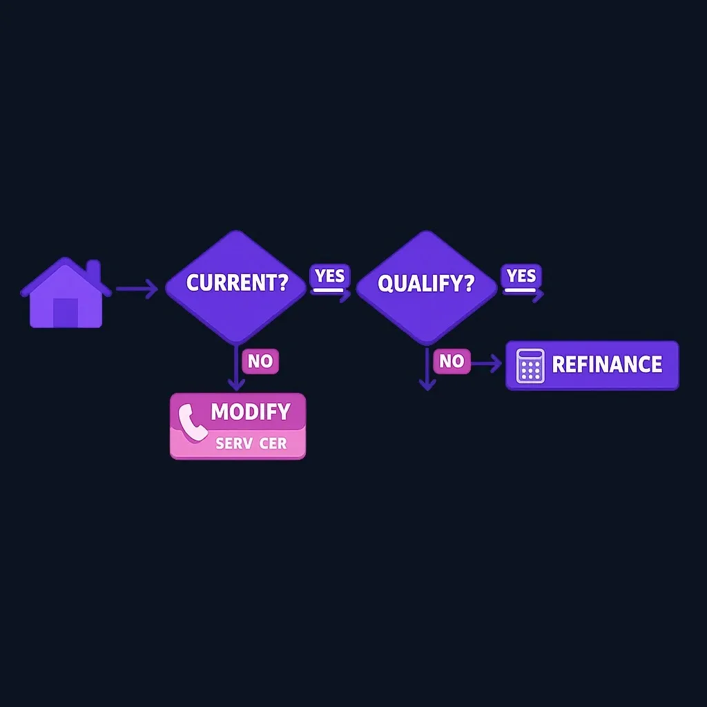 Decision flowchart: current on payments and qualify leads to refinance; behind on payments leads to modification review.