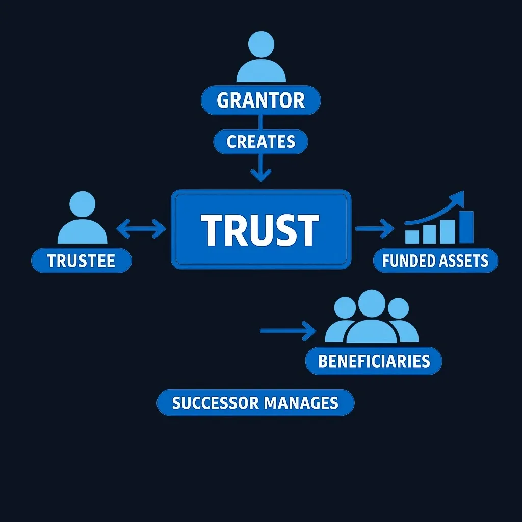 Diagram showing living trust structure with grantor, trustee roles, and asset flow