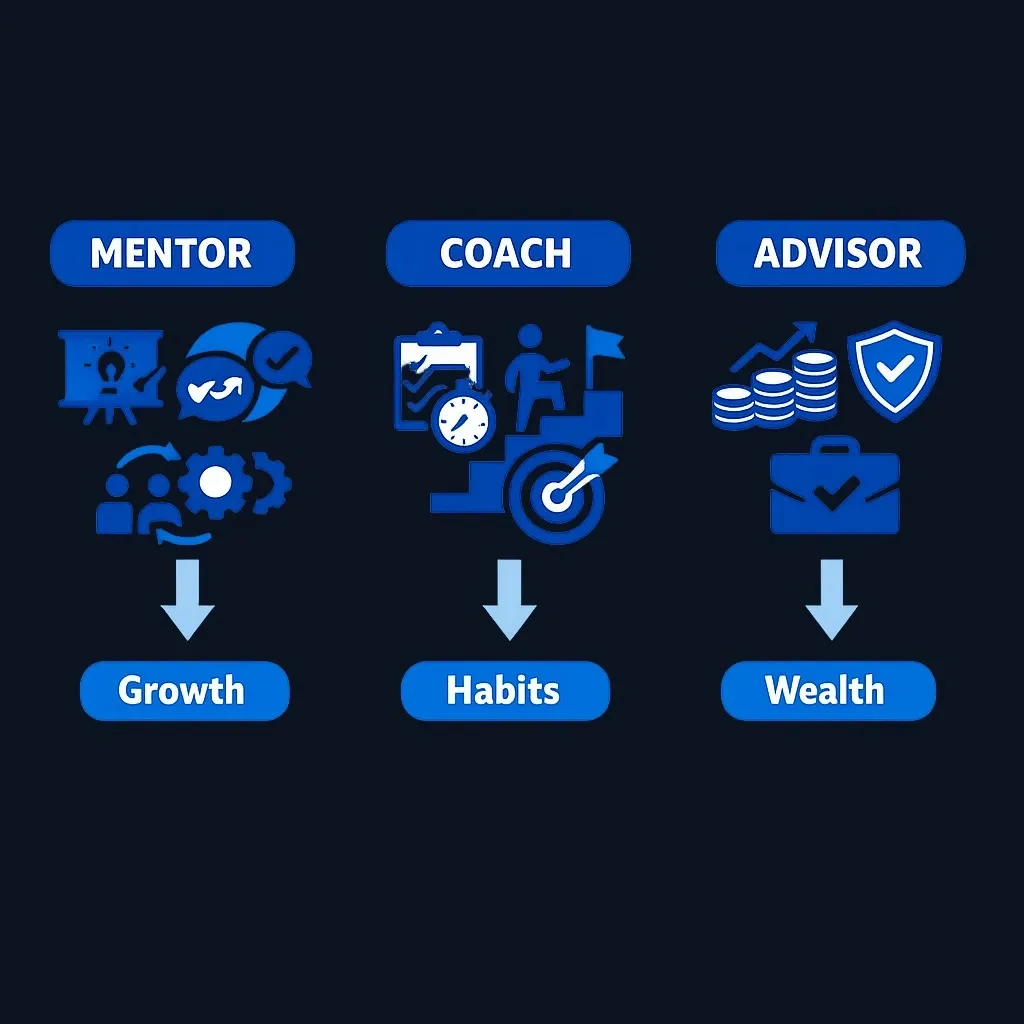Comparison diagram showing mentor, coach, and financial advisor roles with their primary focus areas
