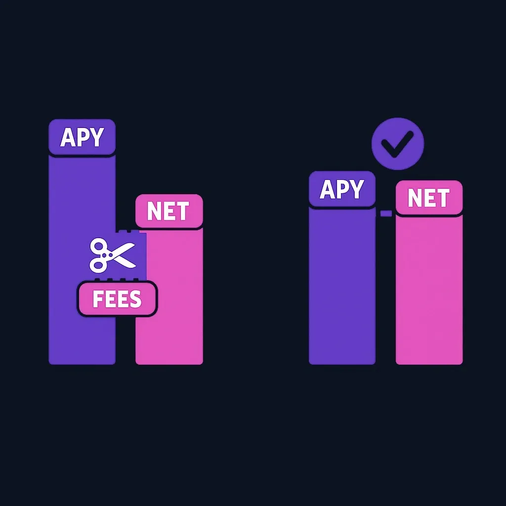 Two bars comparing advertised interest and interest left after fees, showing fees shrinking the higher yield