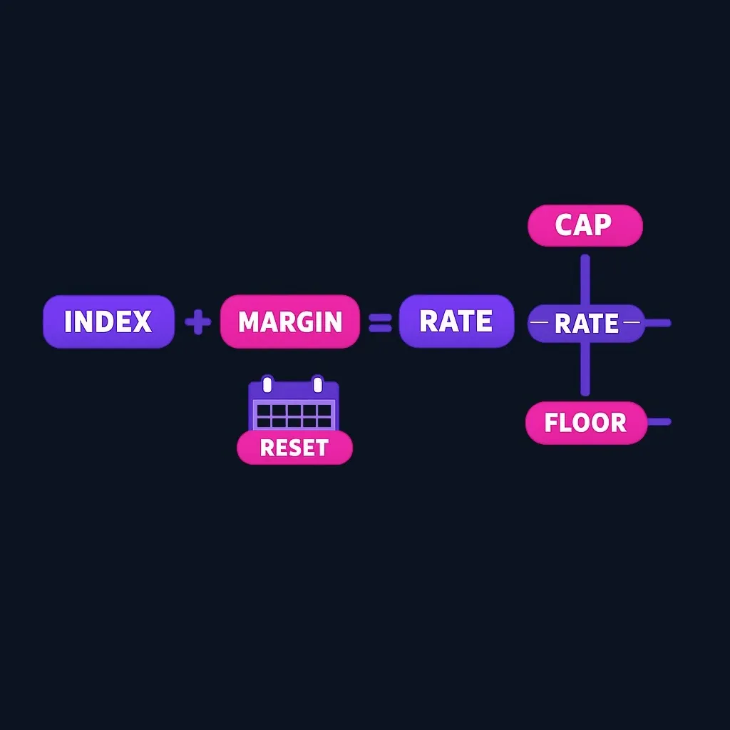 Diagram showing index plus margin equals rate, bounded between a cap and a floor