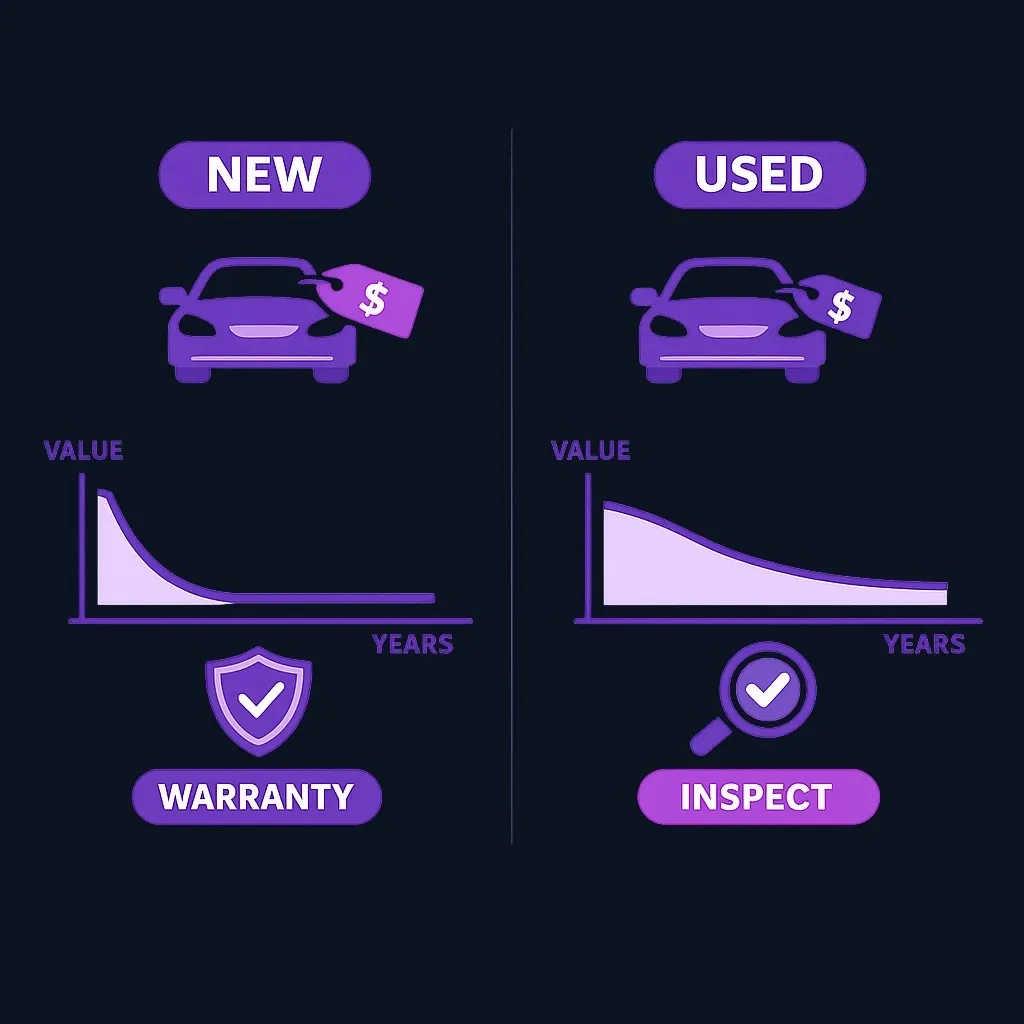 Side-by-side value-over-time charts comparing steep early depreciation of a new car with flatter depreciation of a used car
