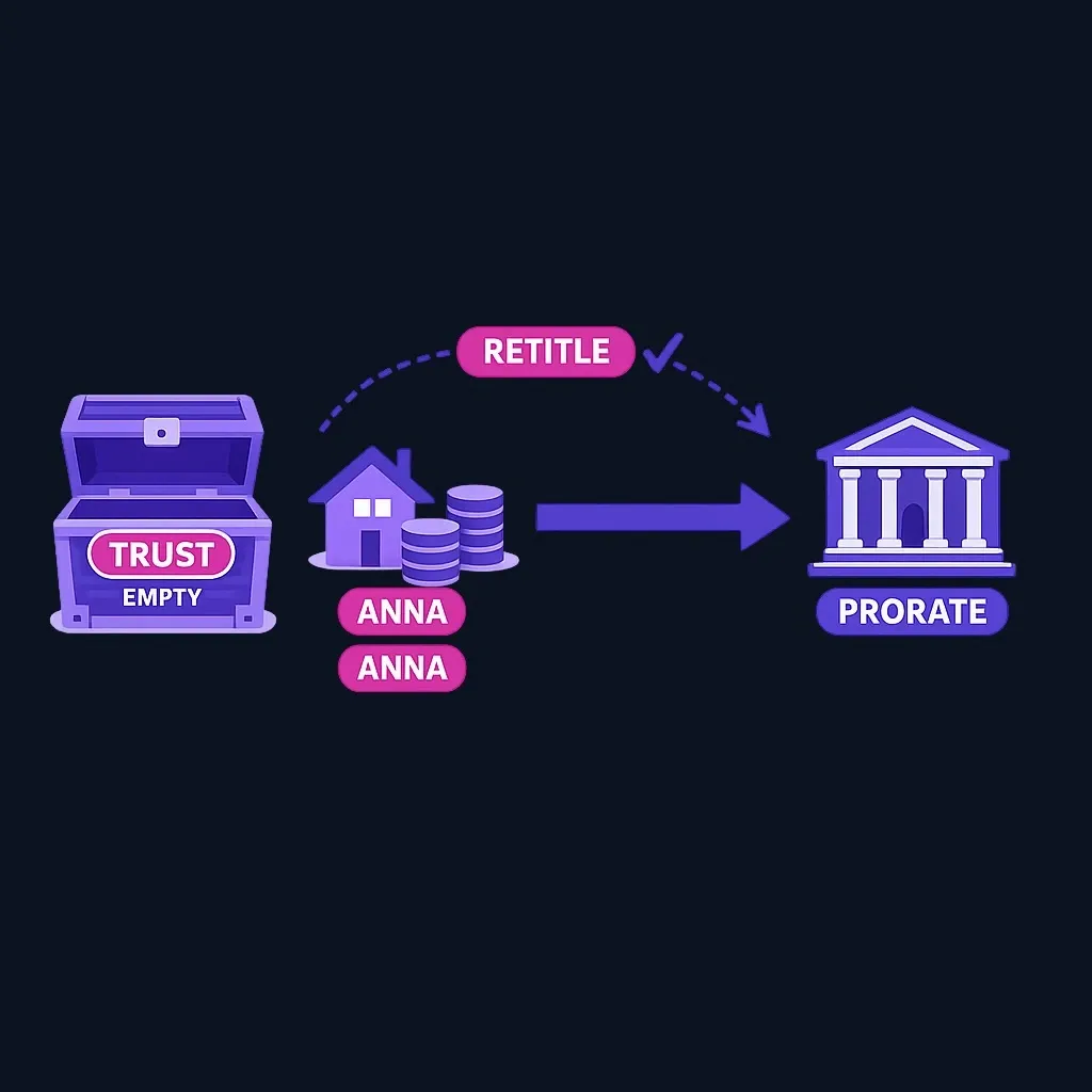 Diagram of an empty trust chest while a house outside it is routed to probate court