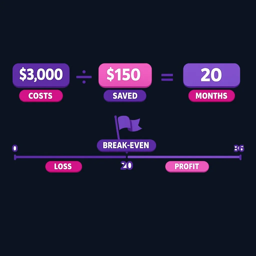 Break-even diagram: $3,000 costs divided by $150 monthly savings equals 20 months, shown on a timeline.