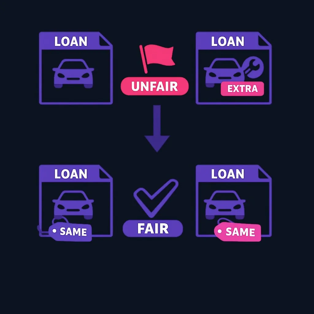 Two loan quotes compared, one inflated by an added service contract, then both matched to the same car loan amount