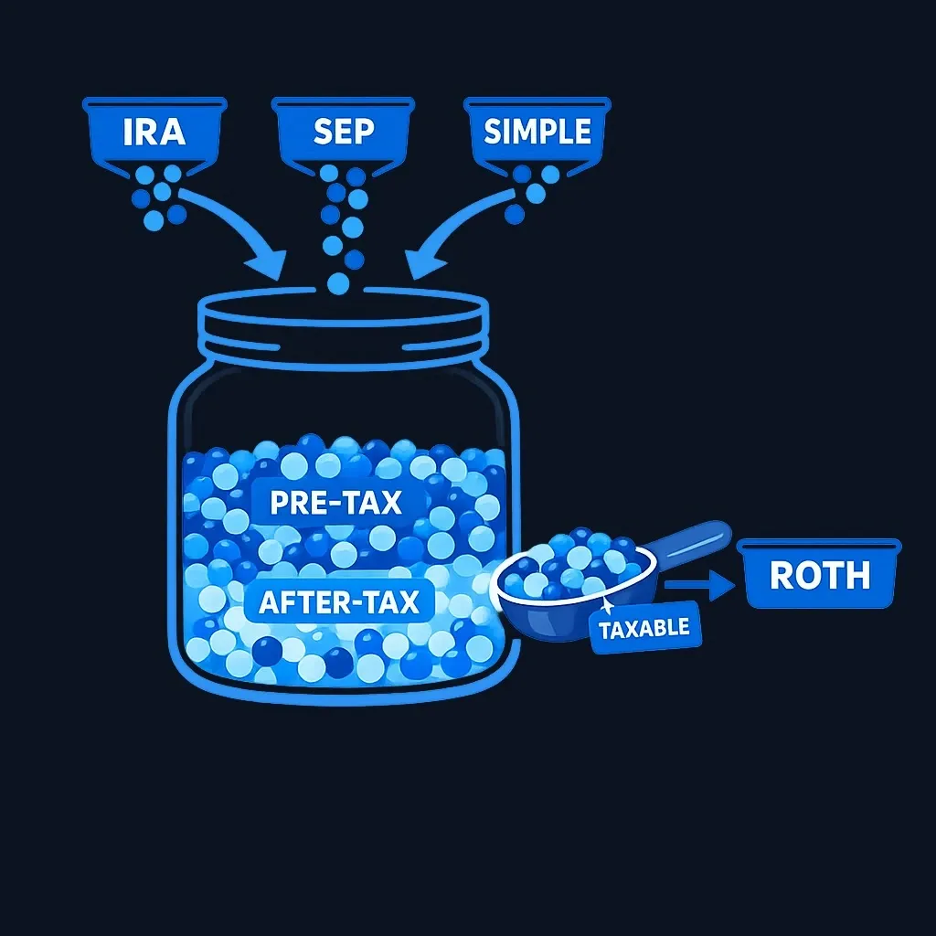 Several IRA accounts pooled into one mixed jar, with a converted scoop carrying the same pre-tax and after-tax mix