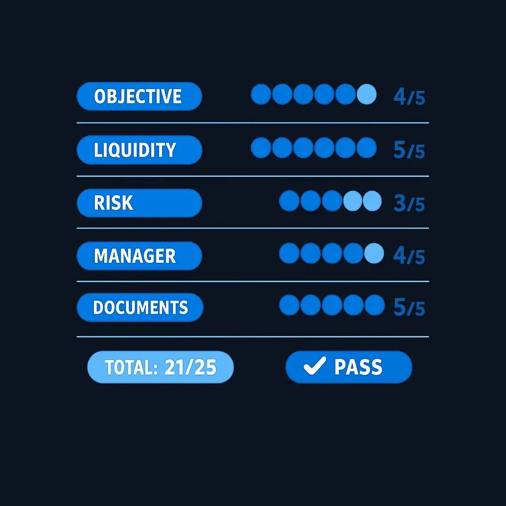 Sample BDC evaluation scorecard with five criteria and threshold logic