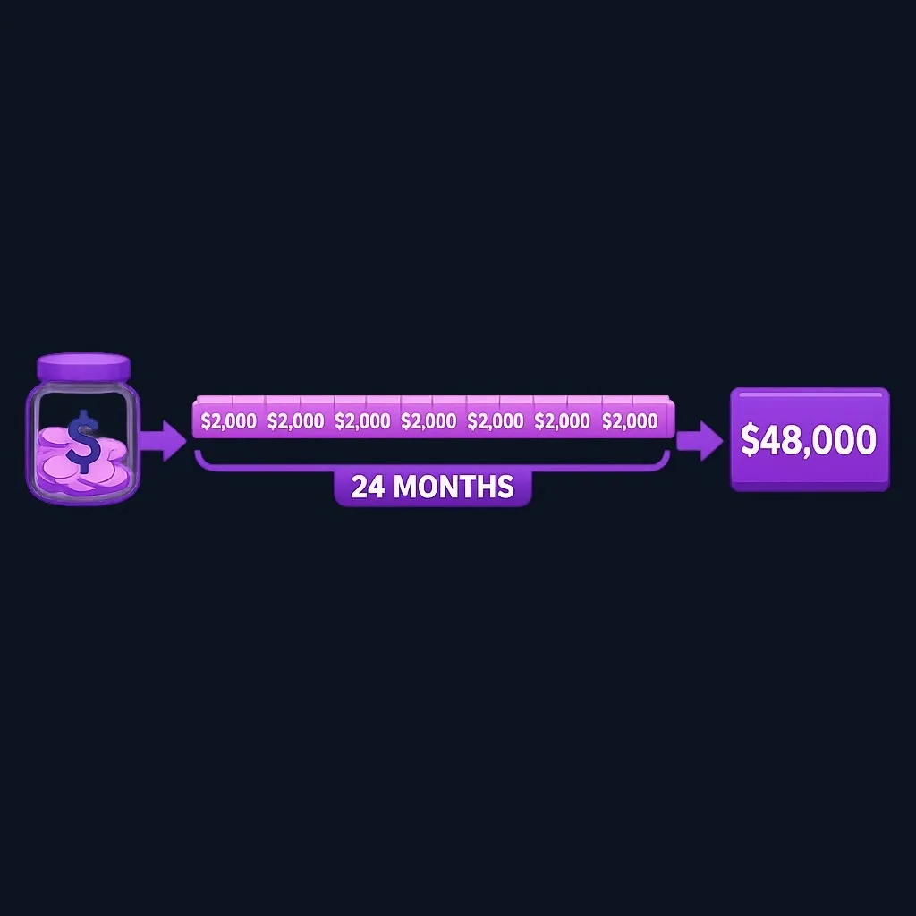 Diagram showing 24 monthly blocks of $2,000 adding up to a $48,000 savings bridge