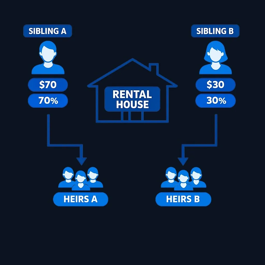 Example diagram of tenancy in common with unequal 70-30 ownership split between siblings