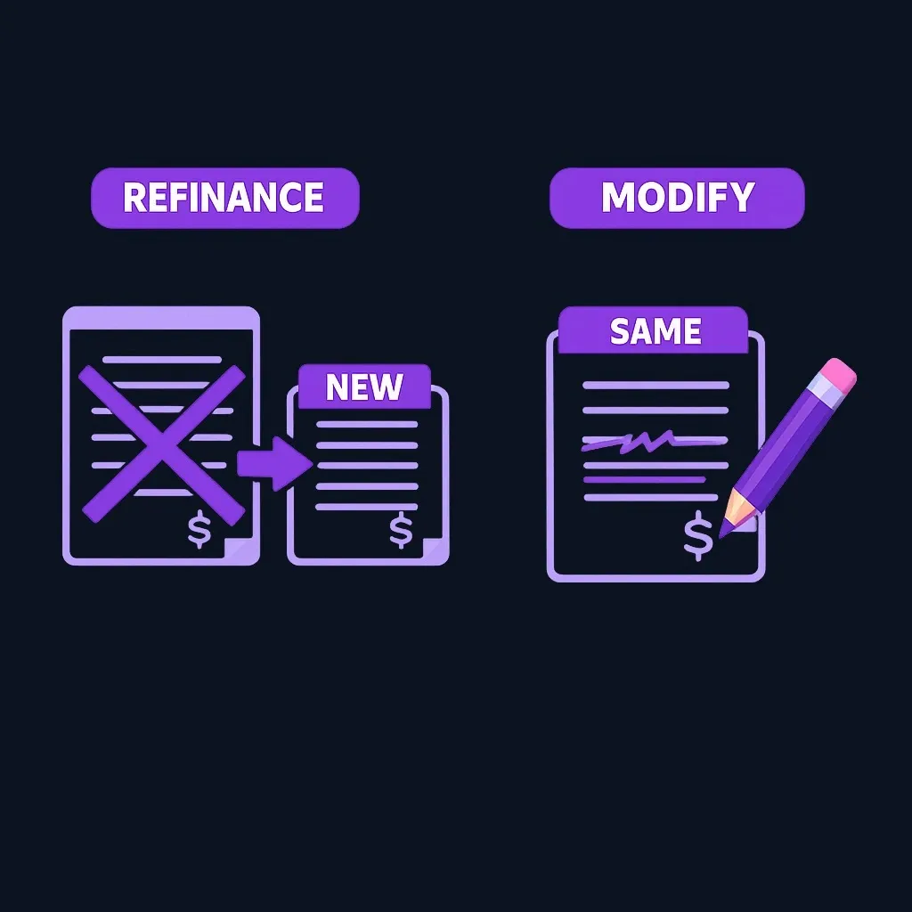 Side-by-side diagram: an old loan swapped for a new loan versus one loan edited in place.
