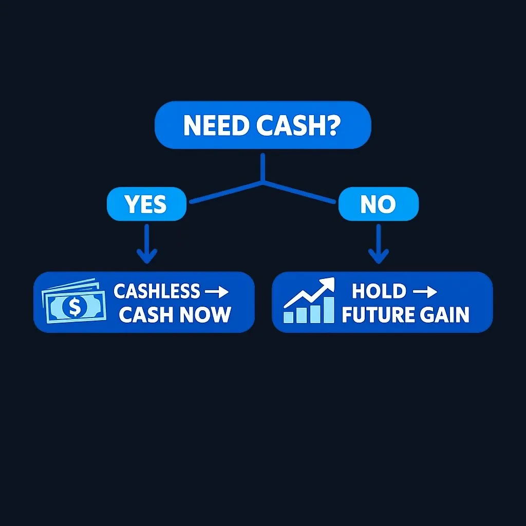 Decision framework: cashless for liquidity versus hold for gains