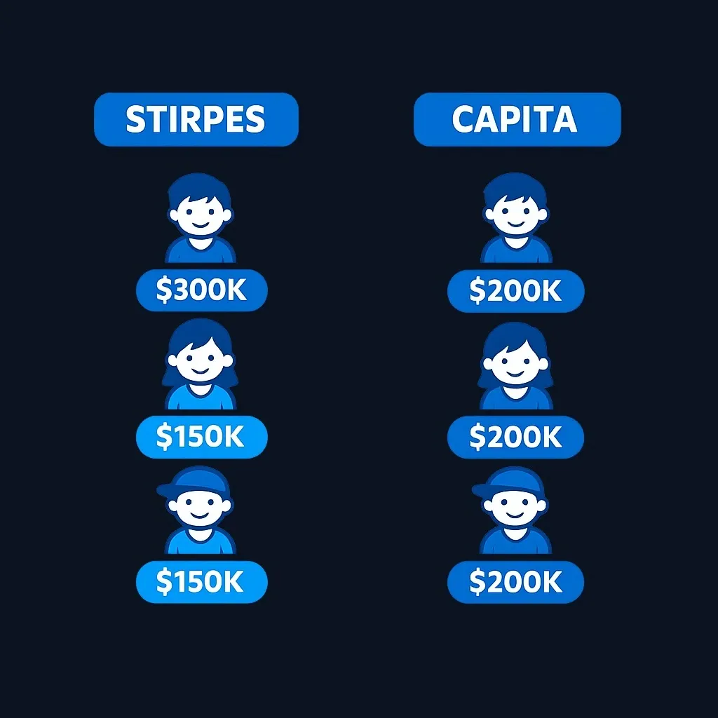 Side-by-side comparison showing different dollar outcomes for the same family under per stirpes versus per capita methods