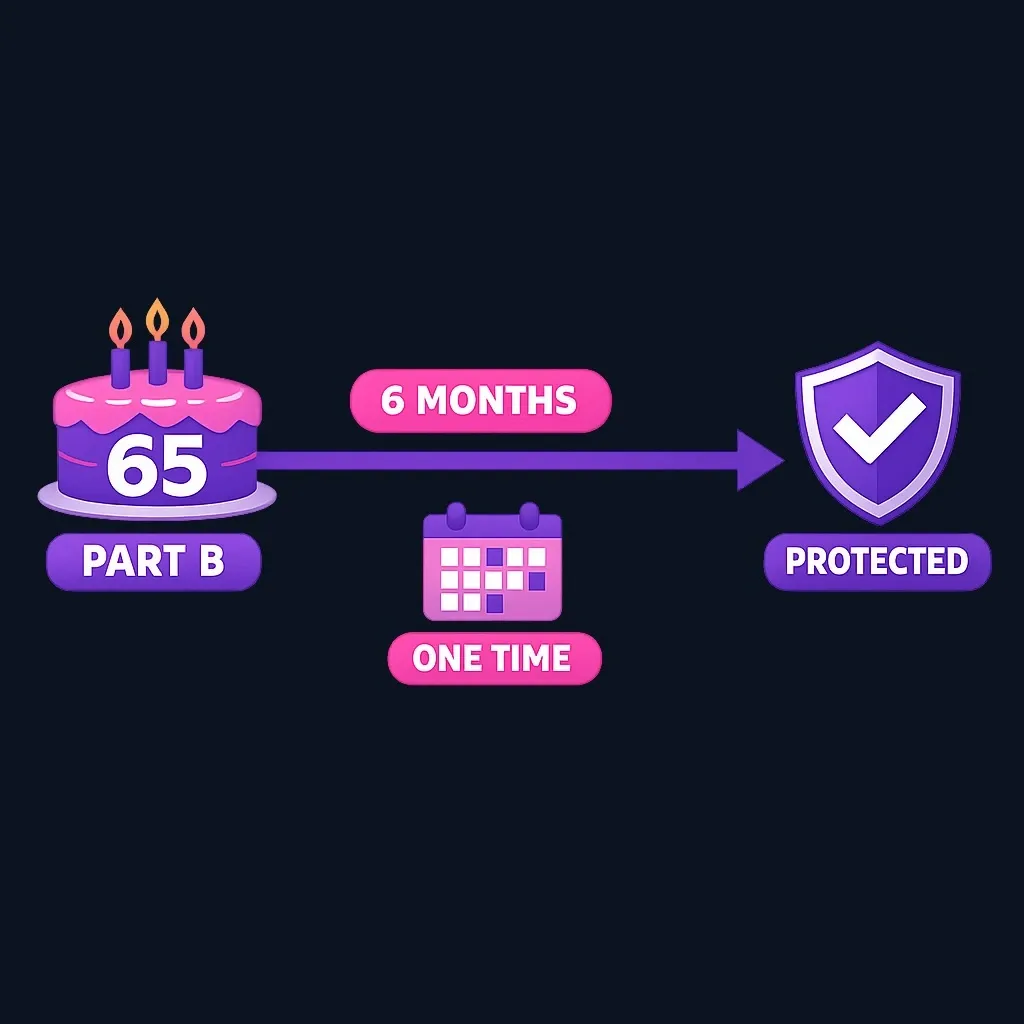 Timeline showing the six-month Medigap Open Enrollment Period starting at age 65 with Part B