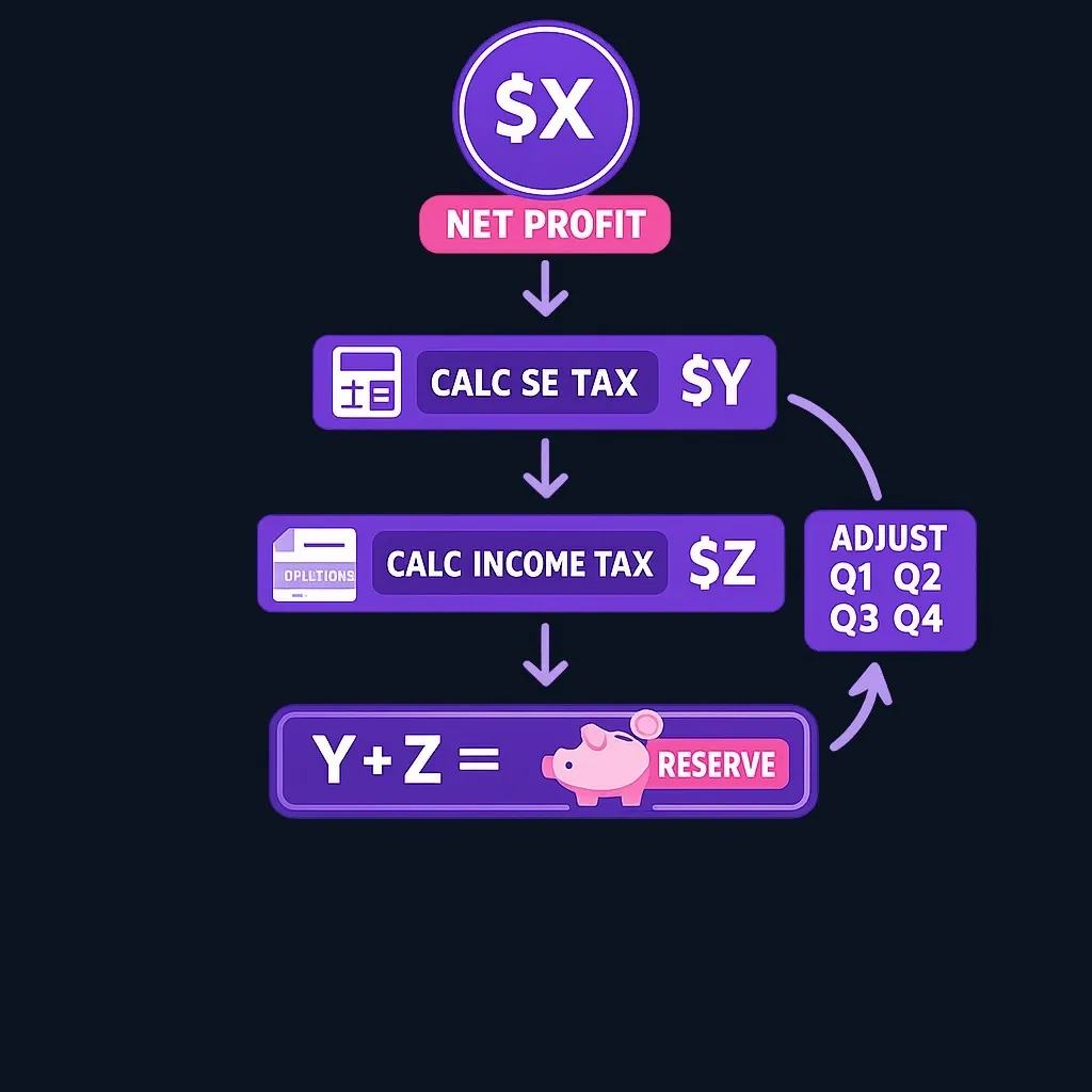 Step-by-step calculation flowchart showing how to compute and reserve for both self-employment and income taxes from business profit