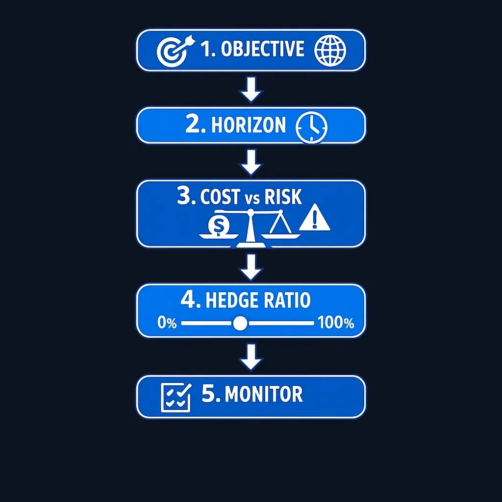 Five-step decision framework flowchart for evaluating whether to use currency-hedged ETFs