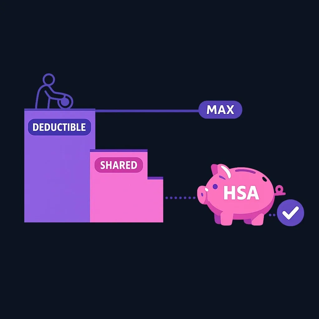 HDHP cost staircase with a tall deductible step, then a plan-sharing step, a cap line, and a linked HSA piggy bank