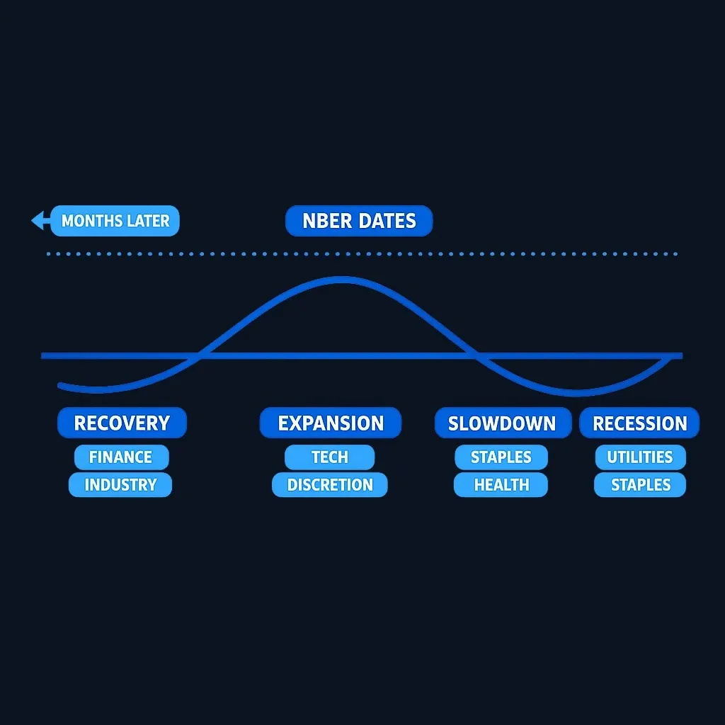 Business cycle diagram showing four phases with sector leadership and a timeline showing retrospective labeling delay