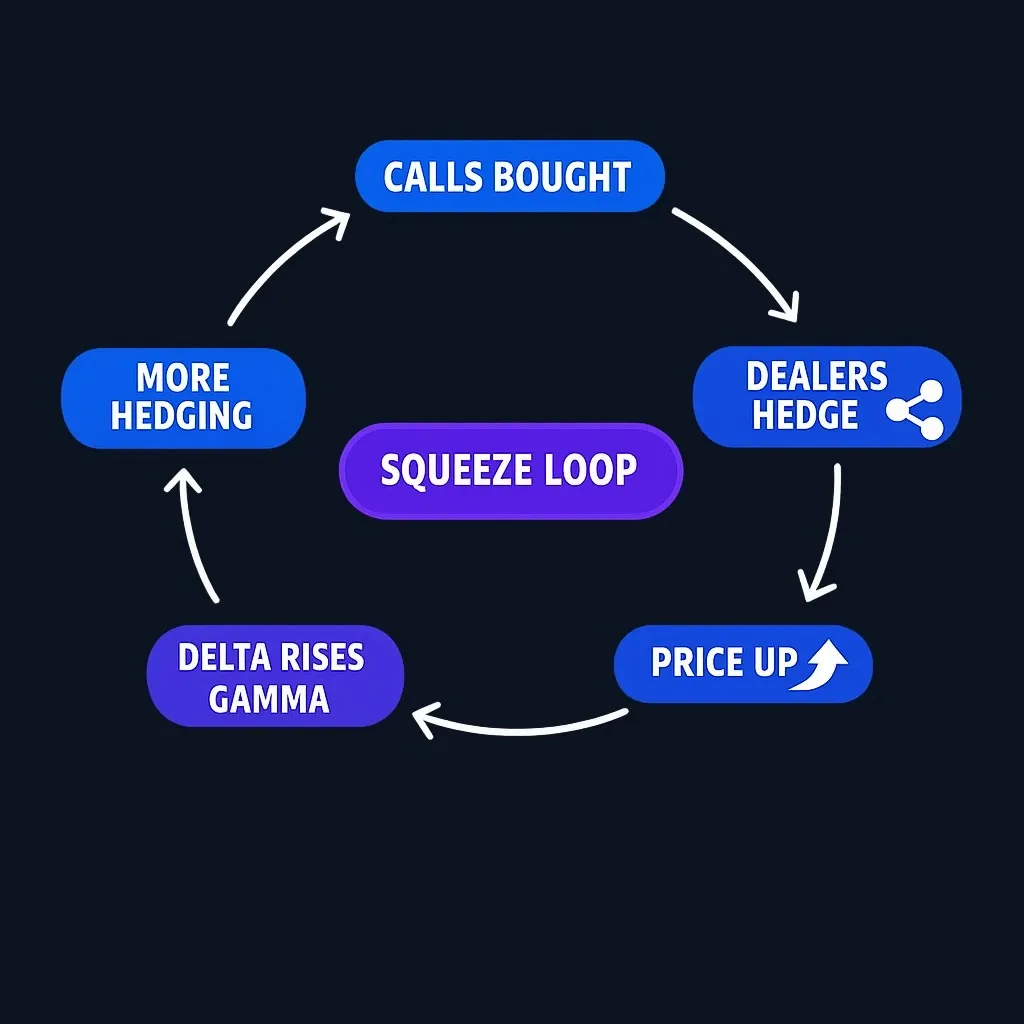 Circular flowchart illustrating the self-reinforcing gamma squeeze mechanism