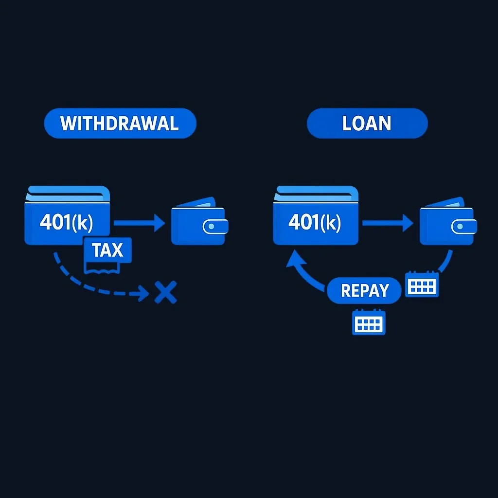 Side-by-side diagram: a withdrawal shows a one-way arrow out of the 401(k), while a loan shows money going out and returning through repayments