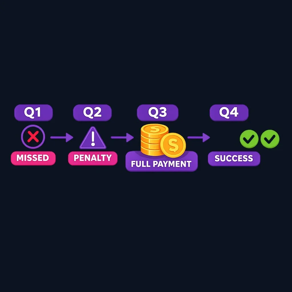 Timeline diagram showing missed first payment deadline and subsequent full payment