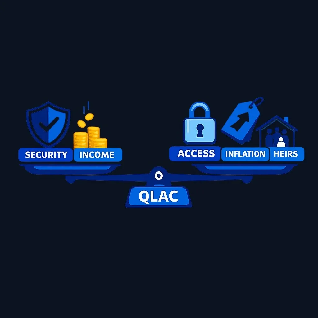 Balance scale weighing lifetime income and security against lost access, inflation risk and legacy