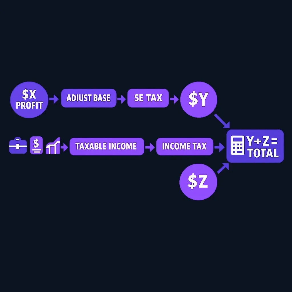 Calculation schema showing parallel computation of self-employment tax and income tax, then combining for total tax liability
