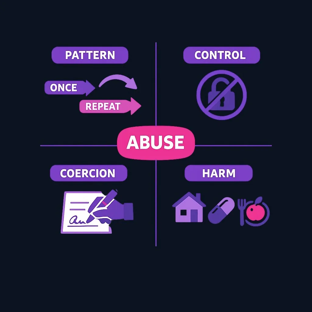Framework diagram showing four assessment dimensions for financial abuse: pattern, control, coercion, and material harm