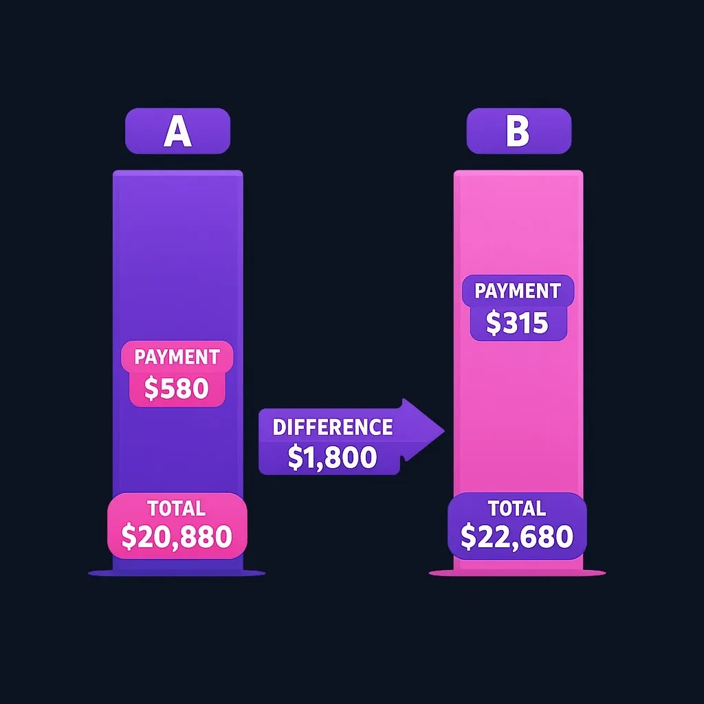 Comparison of short-term versus long-term auto loan showing payment and total cost tradeoff