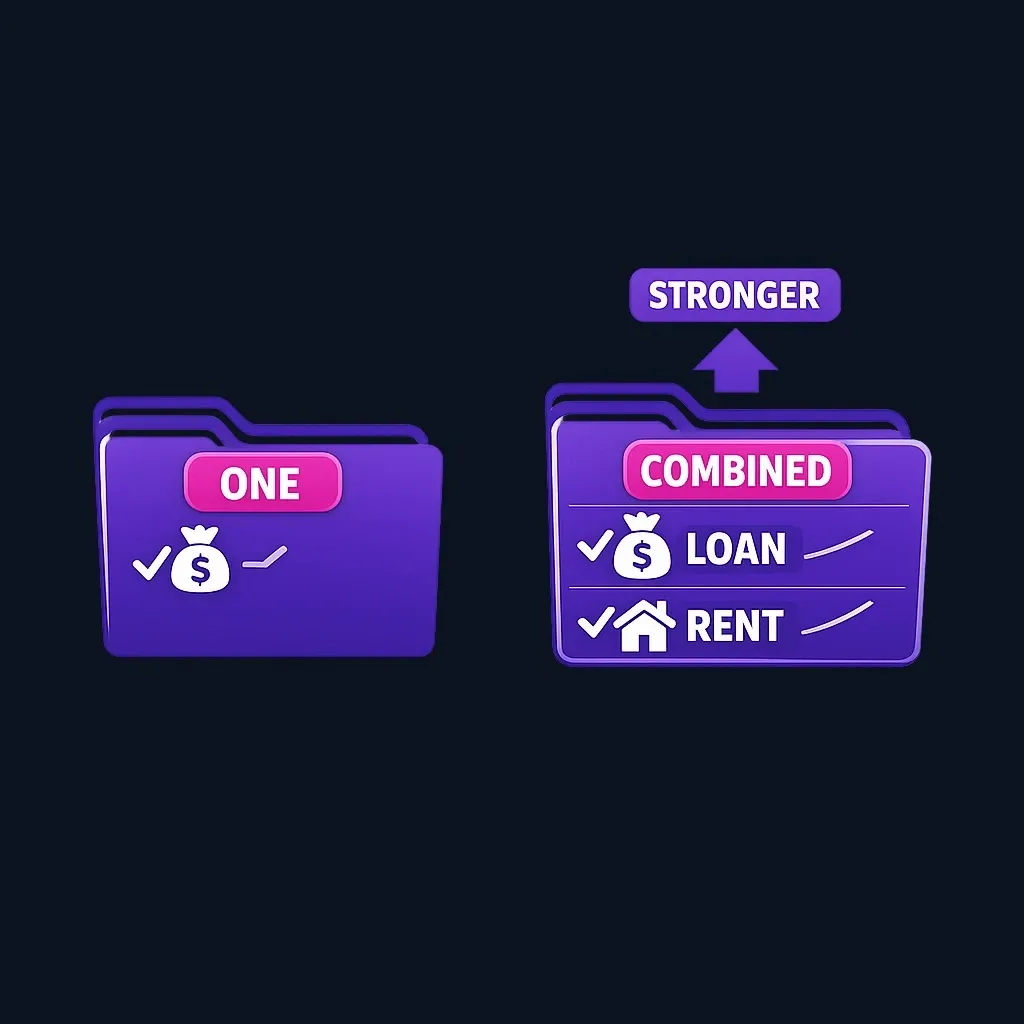 Side-by-side comparison of a thin credit file with one account and a stronger file combining an installment loan with rent reporting.